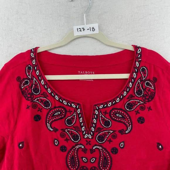 Talbots Blouse Womens Sz 2X Red Short Sleeve Paisley Studded V Neck Pullover Top - Picture 9 of 9